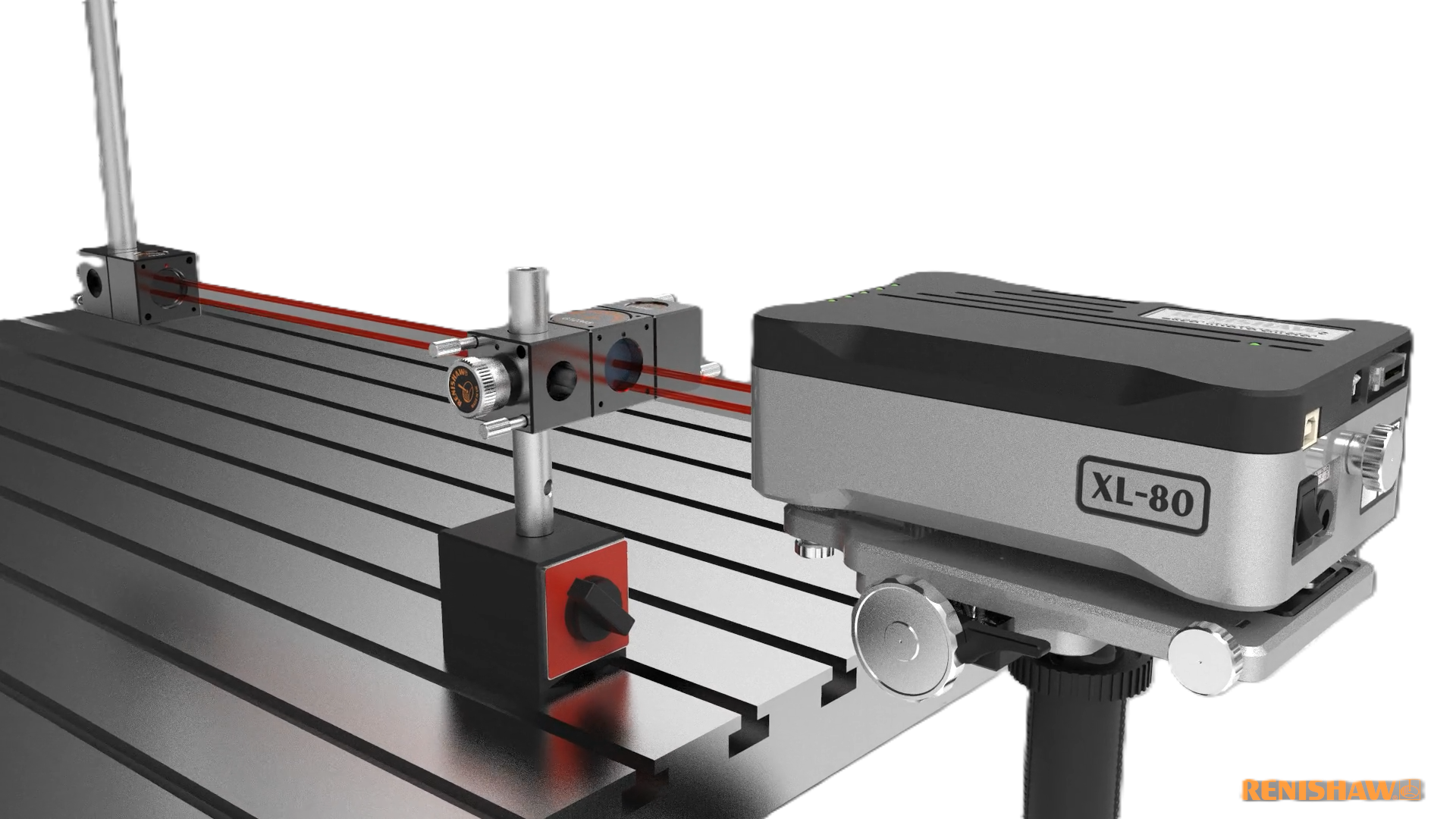 Sistema Renishaw XL-80 utilizado em calibração de eixos lineares